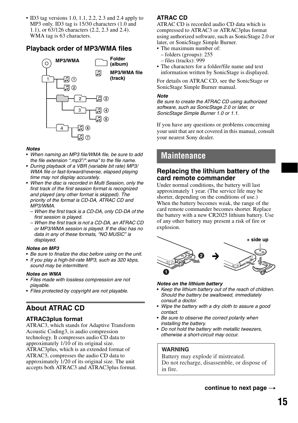 About atrac cd, Maintenance, Playback order of mp3/wma files | Sony CDX-R450 User Manual | Page 15 / 100