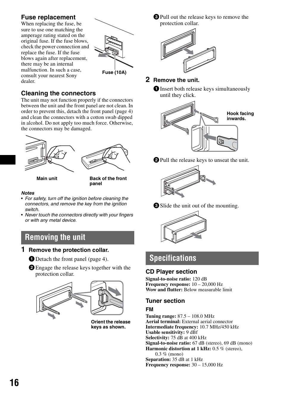 Removing the unit, Specifications, Removing the unit specifications | Sony CDX-R450 User Manual | Page 16 / 100