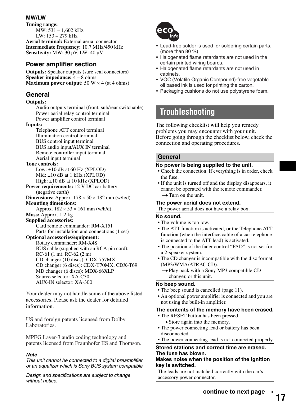 Troubleshooting | Sony CDX-R450 User Manual | Page 17 / 100