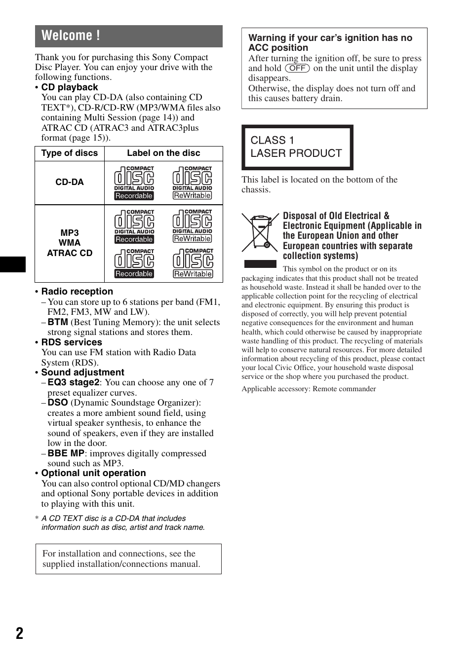 Welcome | Sony CDX-R450 User Manual | Page 2 / 100