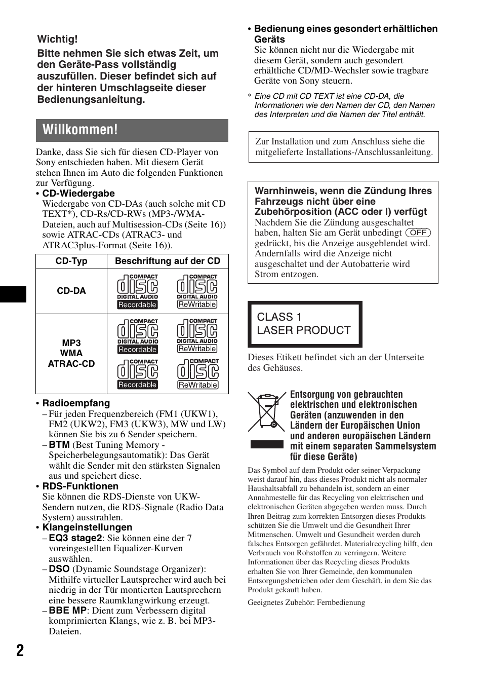 Willkommen | Sony CDX-R450 User Manual | Page 20 / 100