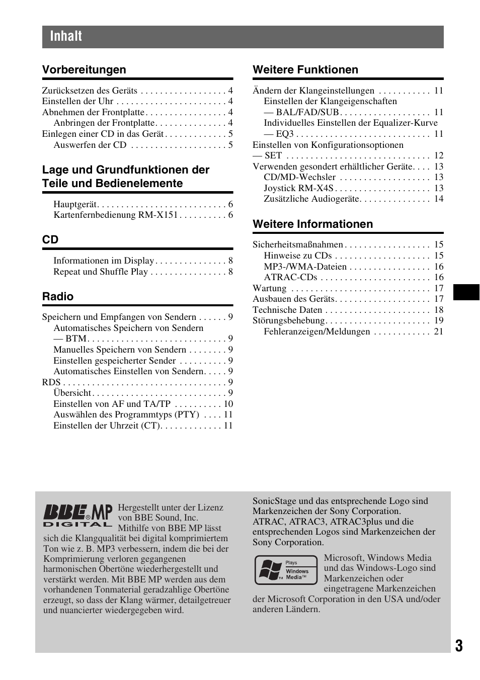 Inhalt | Sony CDX-R450 User Manual | Page 21 / 100