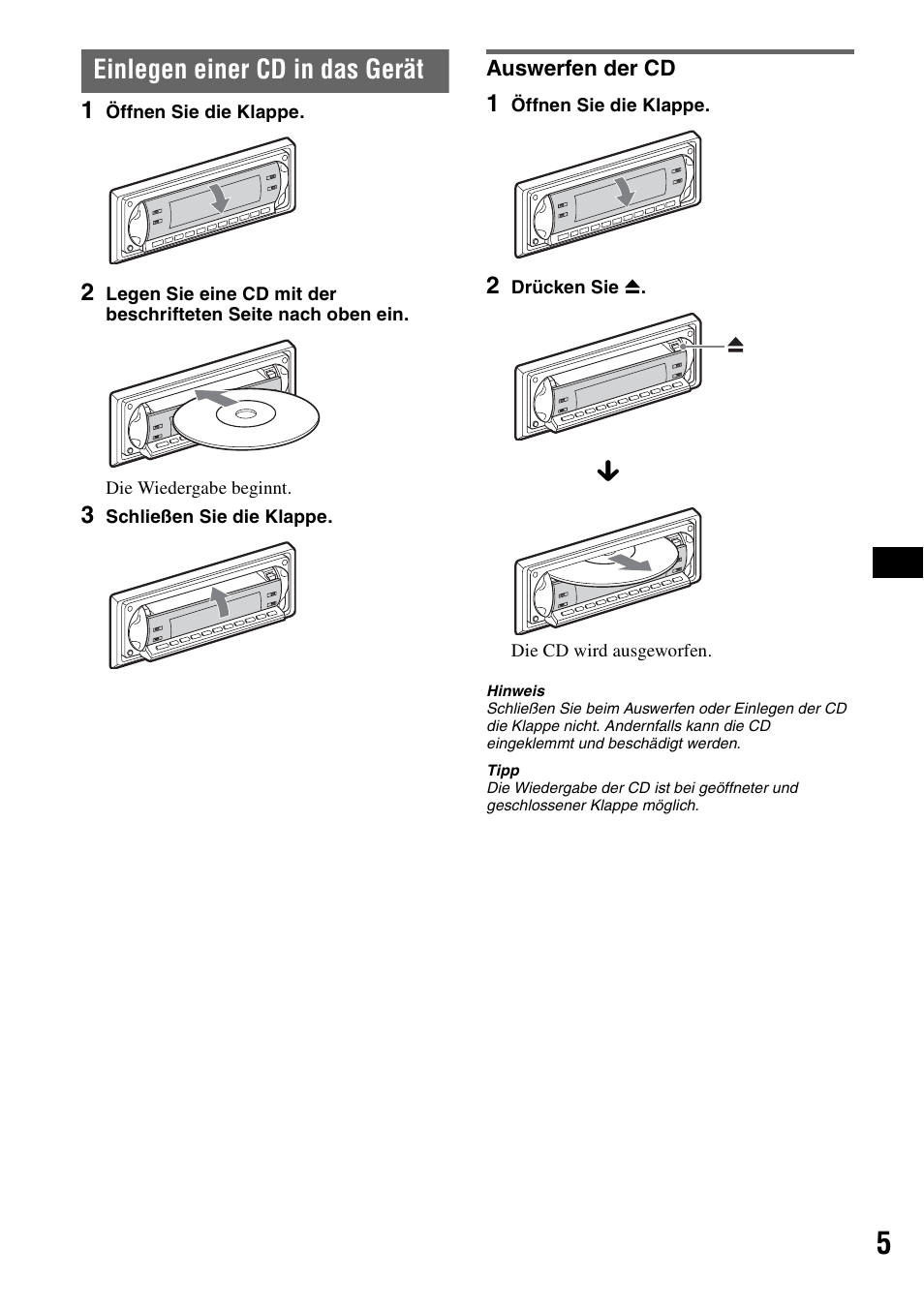 Einlegen einer cd in das gerät, Auswerfen der cd | Sony CDX-R450 User Manual | Page 23 / 100