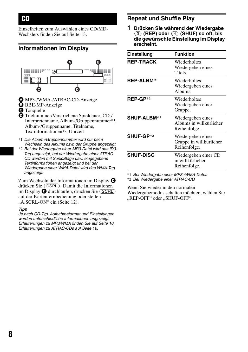 Informationen im display, Repeat und shuffle play, Informationen im display repeat und shuffle play | Ep 8 | Sony CDX-R450 User Manual | Page 26 / 100