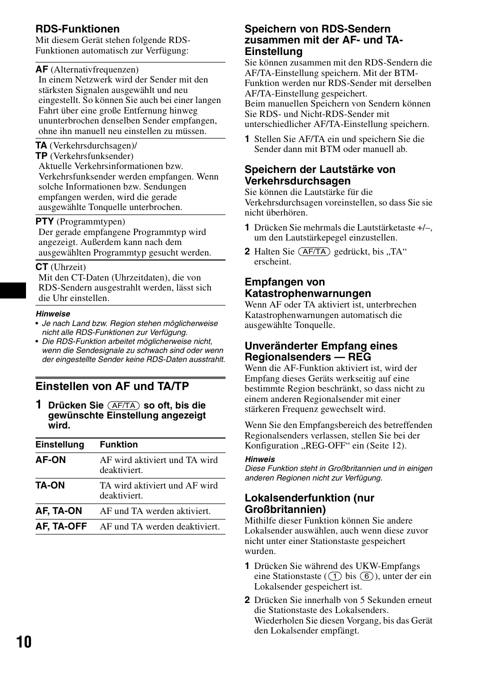 Einstellen von af und ta/tp | Sony CDX-R450 User Manual | Page 28 / 100
