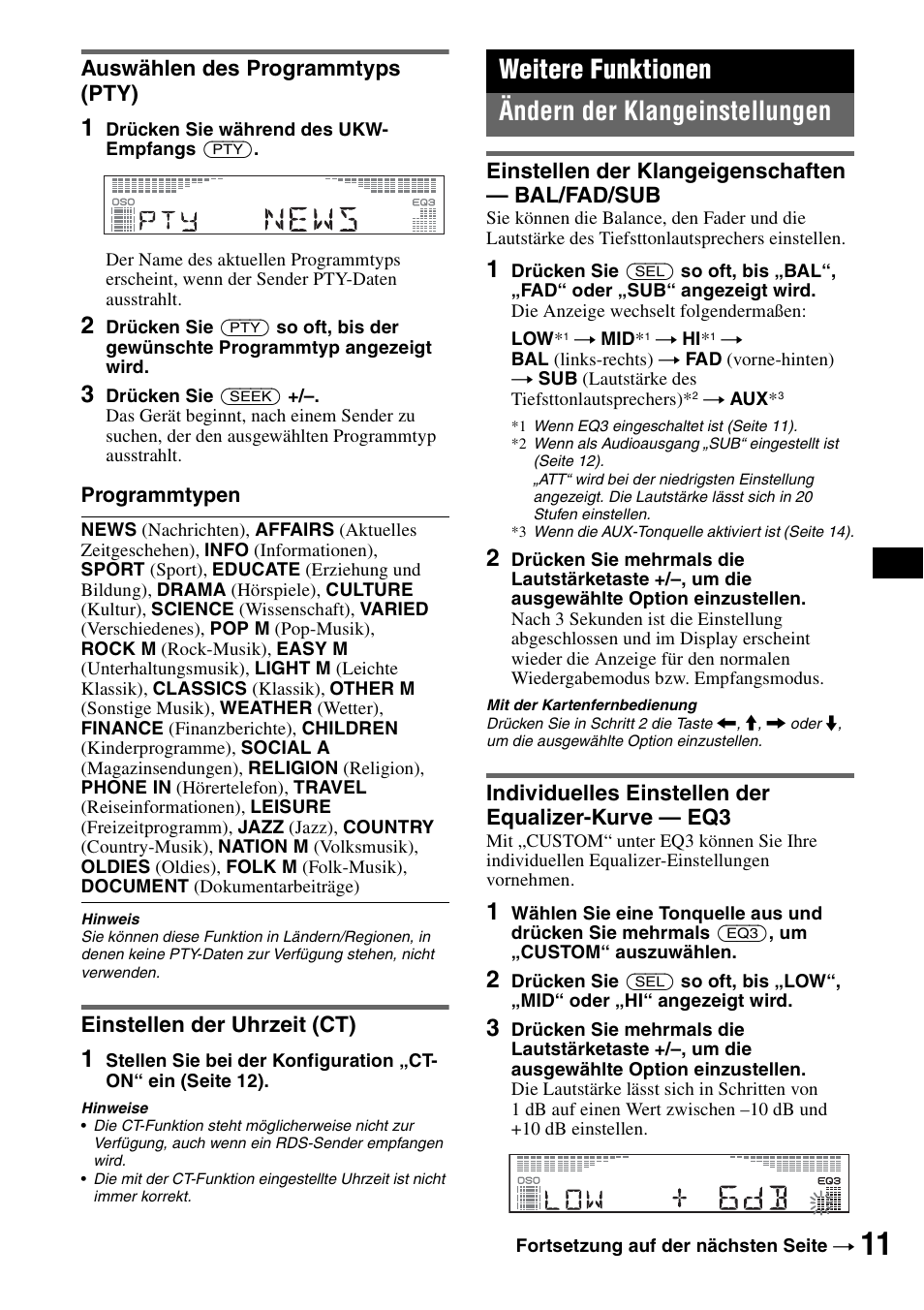 Auswählen des programmtyps (pty), Einstellen der uhrzeit (ct), Weitere funktionen | Ändern der klangeinstellungen, Einstellen der klangeigenschaften - bal/fad/sub, Individuelles einstellen der equalizer-kurve - eq3, Einstellen der klangeigenschaften, Weitere funktionen ändern der klangeinstellungen | Sony CDX-R450 User Manual | Page 29 / 100