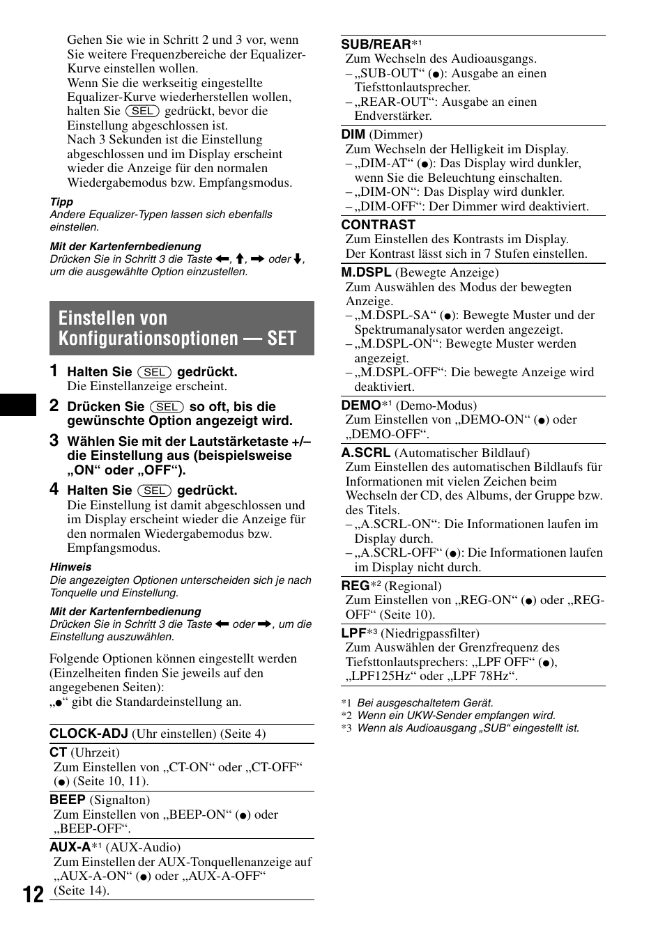 Einstellen von konfigurationsoptionen - set, F seite 12, Einstellen von konfigurationsoptionen | Seite 12), N (seite 12, Seite 12, Einstellen von konfigurationsoptionen — set | Sony CDX-R450 User Manual | Page 30 / 100