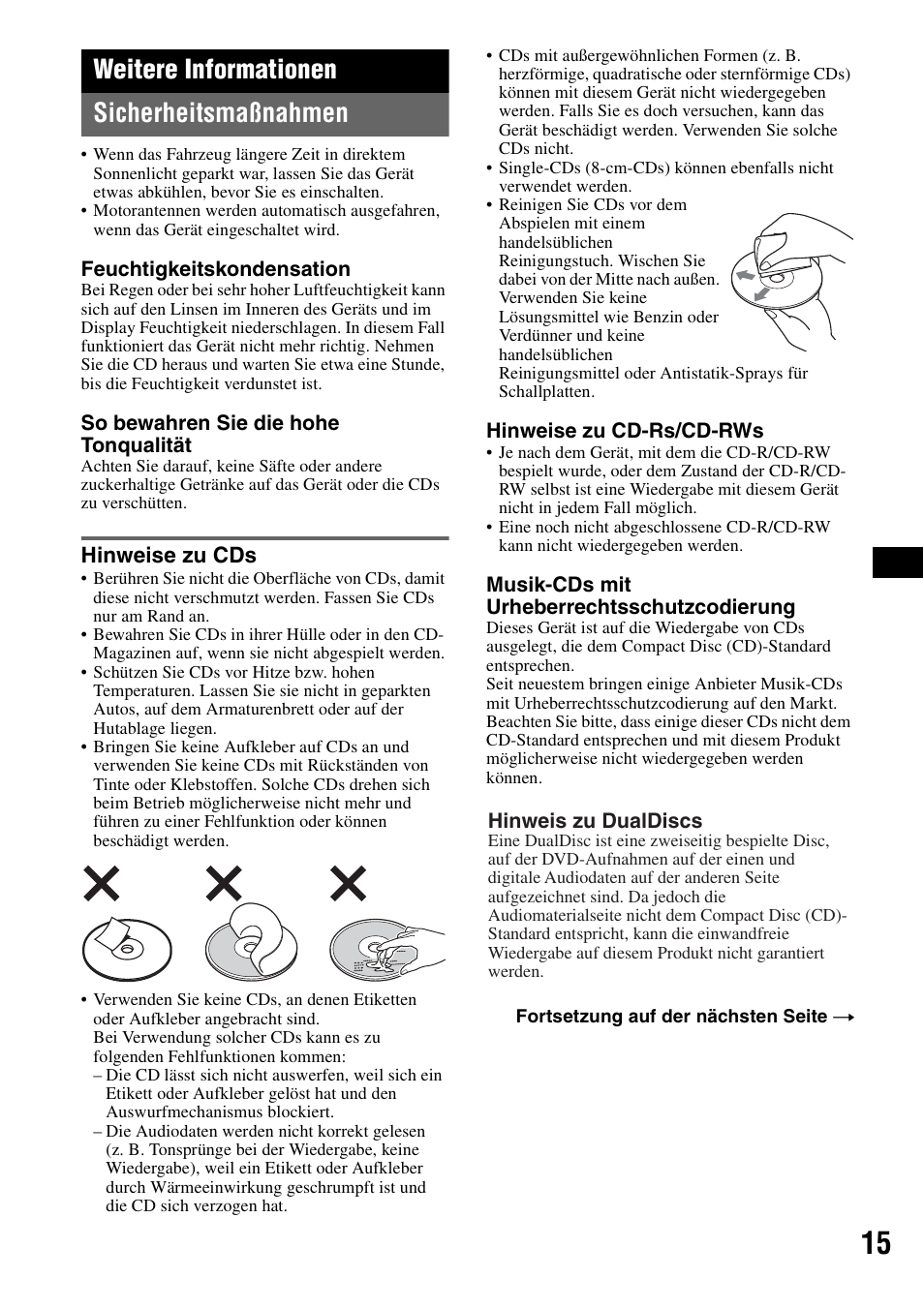 Weitere informationen, Sicherheitsmaßnahmen, Hinweise zu cds | Weitere informationen sicherheitsmaßnahmen | Sony CDX-R450 User Manual | Page 33 / 100