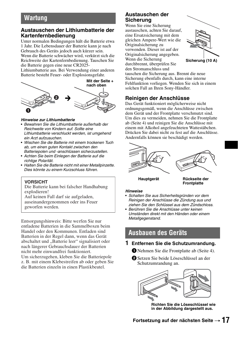 Wartung, Ausbauen des geräts, Wartung ausbauen des geräts | Sony CDX-R450 User Manual | Page 35 / 100