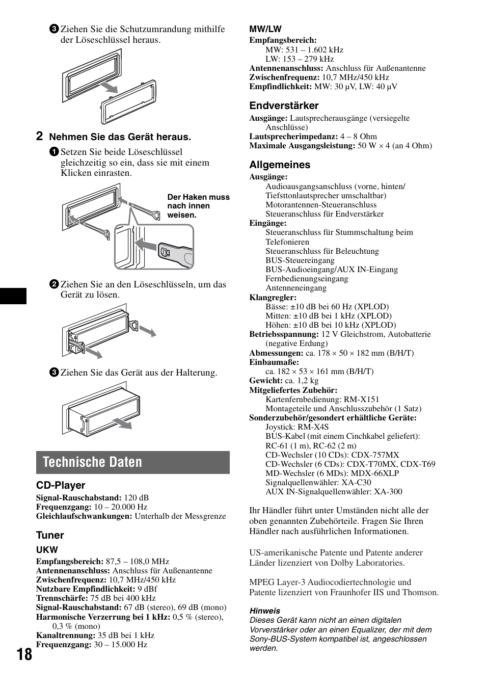 Technische daten | Sony CDX-R450 User Manual | Page 36 / 100