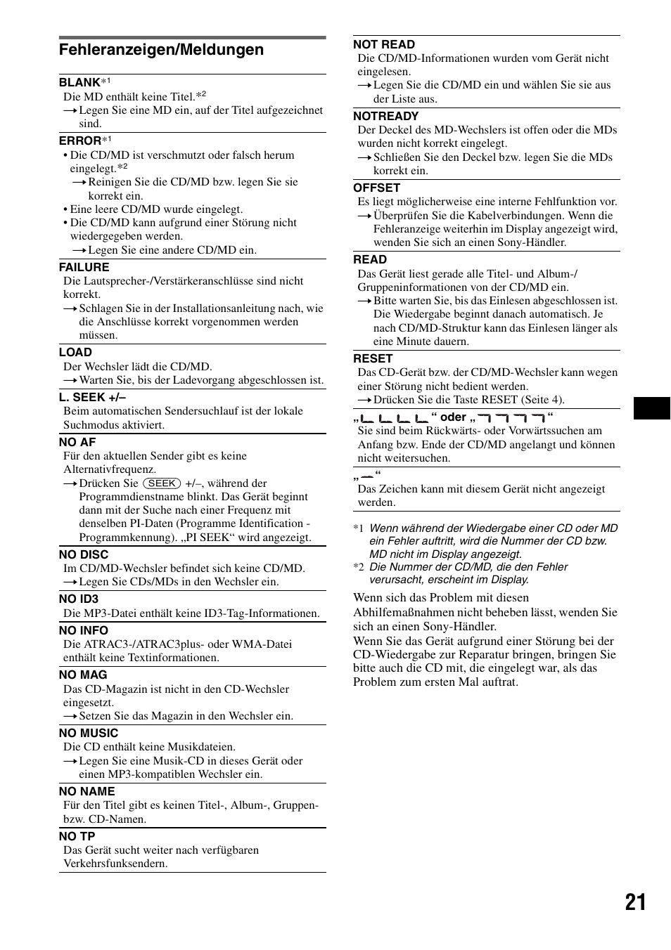 Fehleranzeigen/meldungen | Sony CDX-R450 User Manual | Page 39 / 100