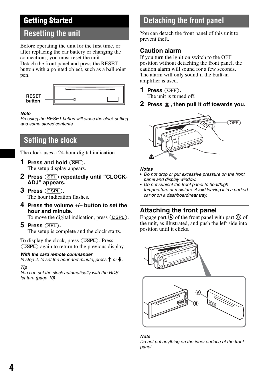 Getting started, Resetting the unit, Setting the clock | Detaching the front panel, Attaching the front panel, Getting started resetting the unit | Sony CDX-R450 User Manual | Page 4 / 100