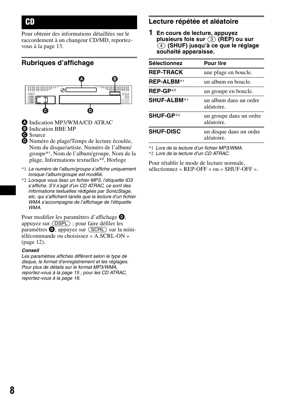Rubriques d’affichage, Lecture répétée et aléatoire, Rubriques d’affichage lecture répétée et aléatoire | Ep 8 | Sony CDX-R450 User Manual | Page 46 / 100
