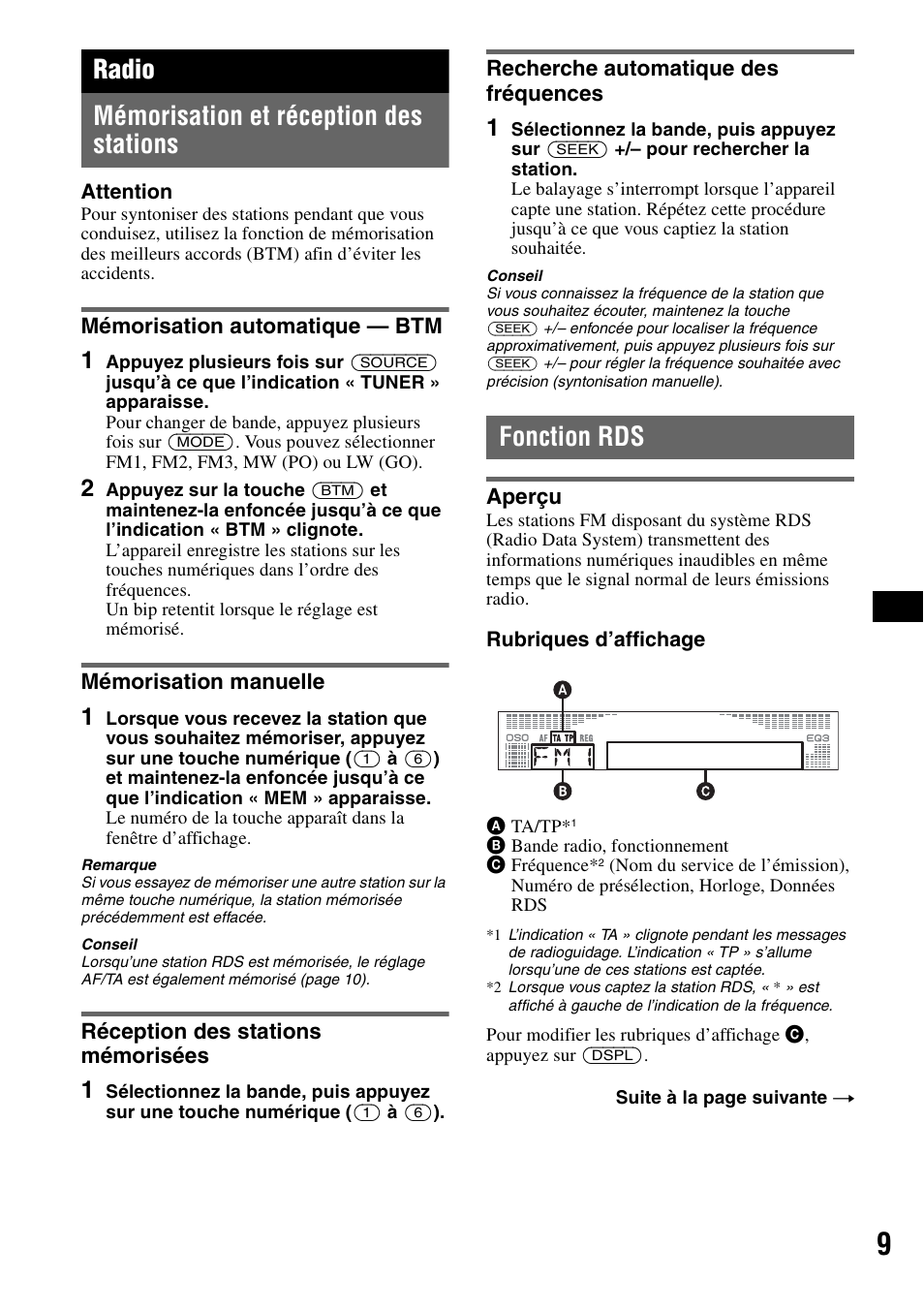 Radio, Mémorisation et réception des stations, Mémorisation automatique - btm | Mémorisation manuelle, Réception des stations mémorisées, Recherche automatique des fréquences, Fonction rds, Aperçu, Radio mémorisation et réception des stations | Sony CDX-R450 User Manual | Page 47 / 100