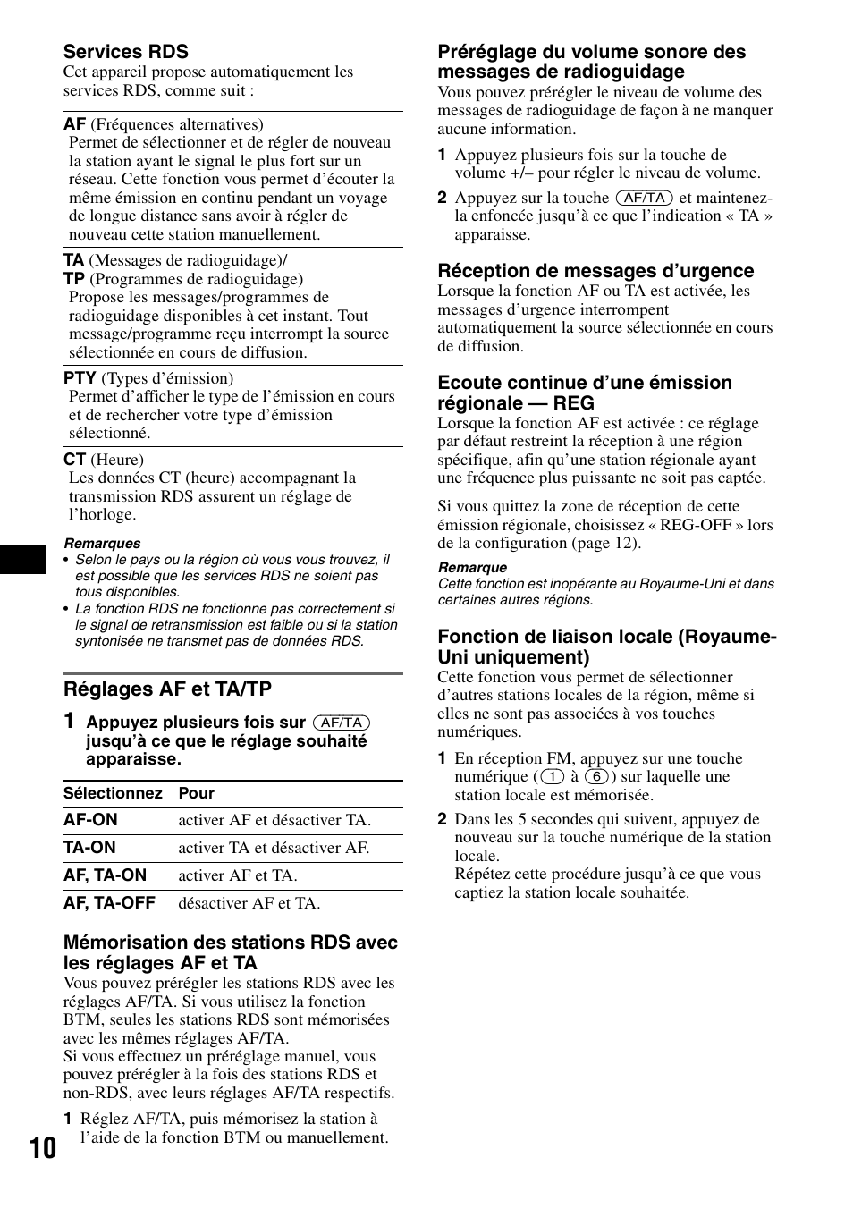 Réglages af et ta/tp | Sony CDX-R450 User Manual | Page 48 / 100
