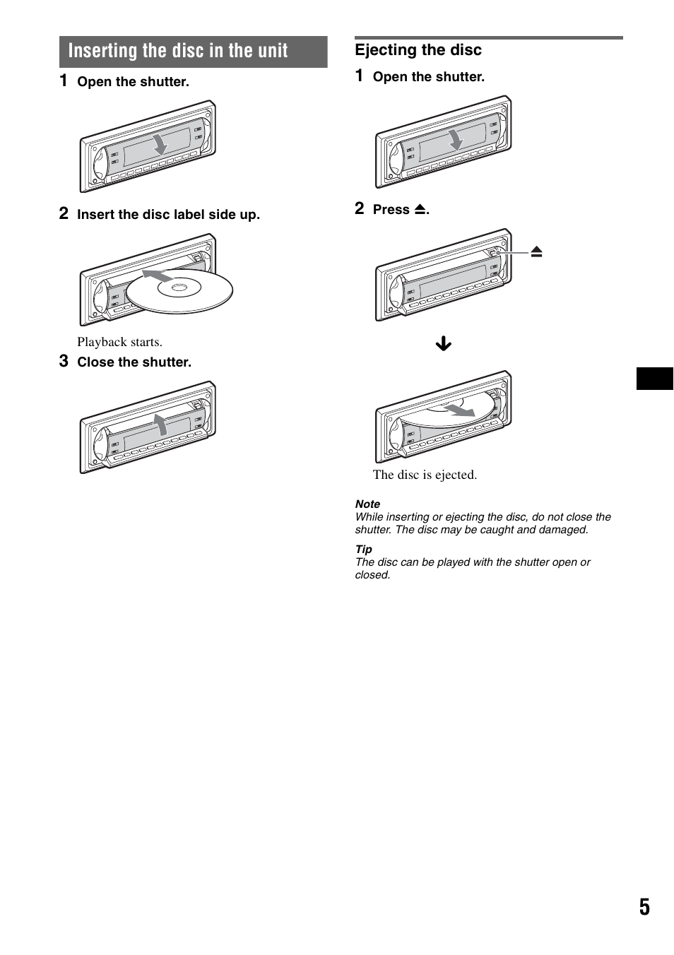 Inserting the disc in the unit, Ejecting the disc | Sony CDX-R450 User Manual | Page 5 / 100