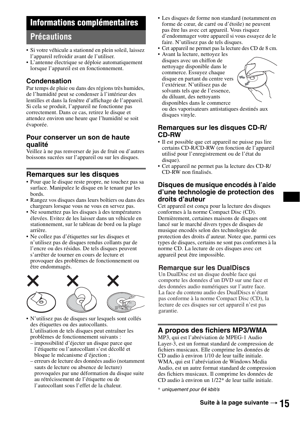 Informations complémentaires, Précautions, Remarques sur les disques | A propos des fichiers mp3/wma, Informations complémentaires précautions | Sony CDX-R450 User Manual | Page 53 / 100