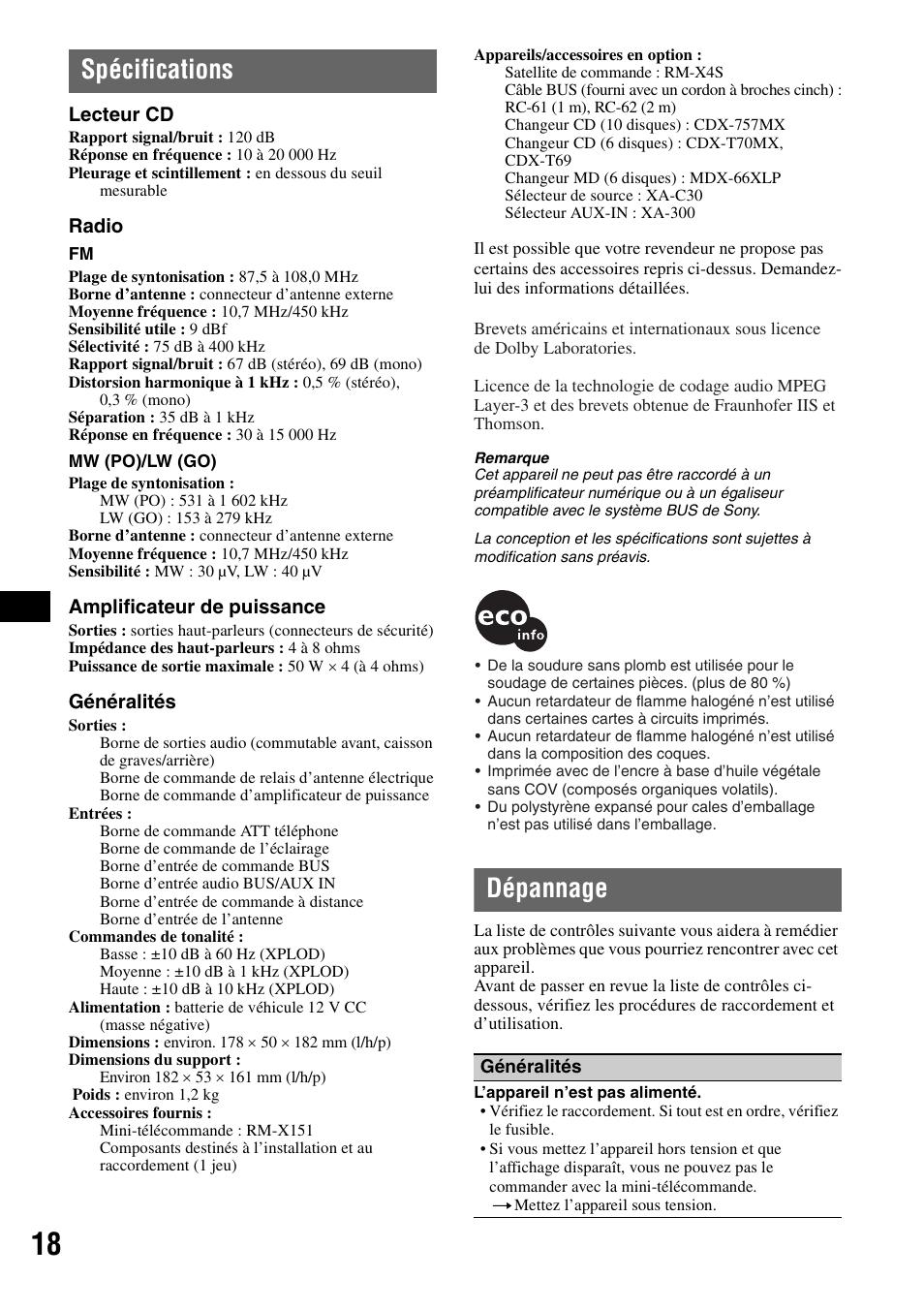 Spécifications, Dépannage, Spécifications dépannage | Sony CDX-R450 User Manual | Page 56 / 100