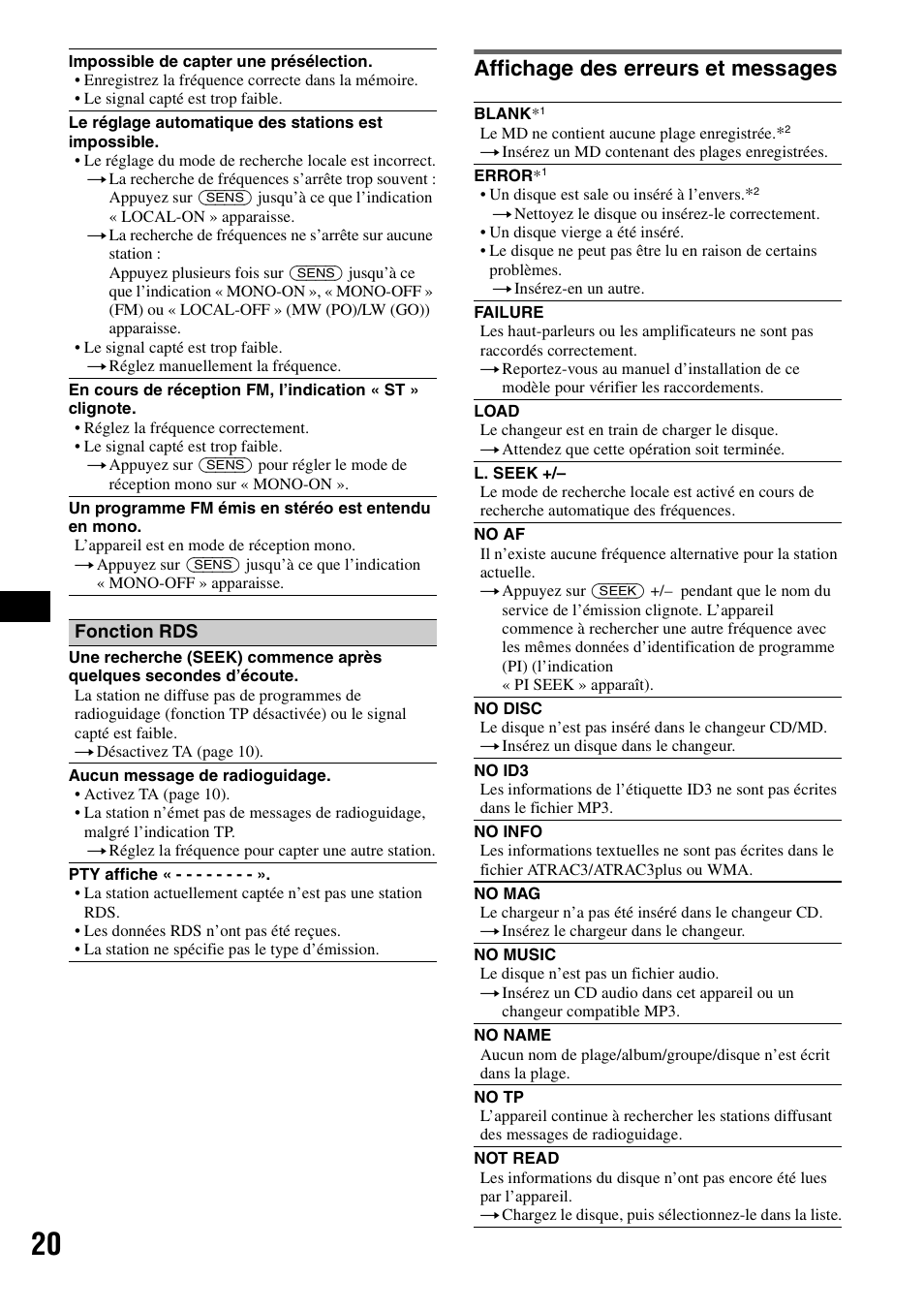 Affichage des erreurs et messages | Sony CDX-R450 User Manual | Page 58 / 100
