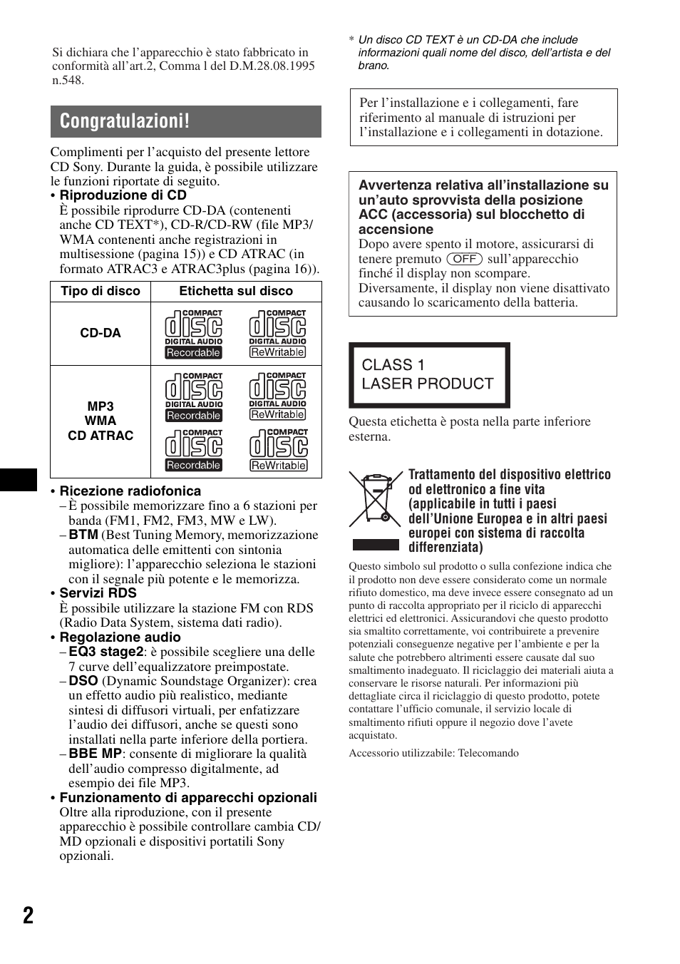 Congratulazioni | Sony CDX-R450 User Manual | Page 60 / 100