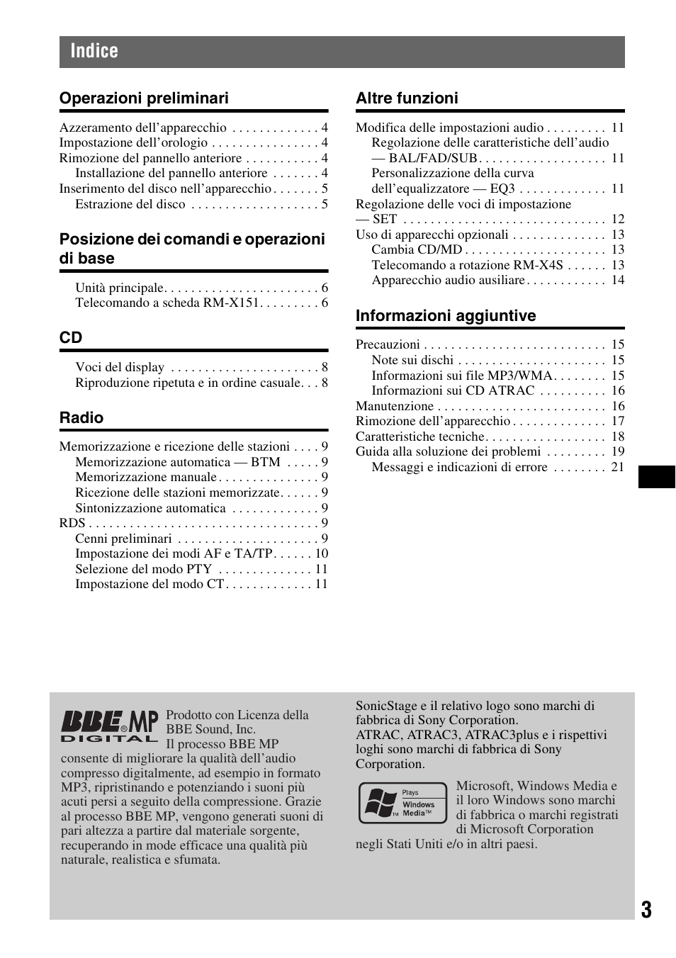 Indice | Sony CDX-R450 User Manual | Page 61 / 100