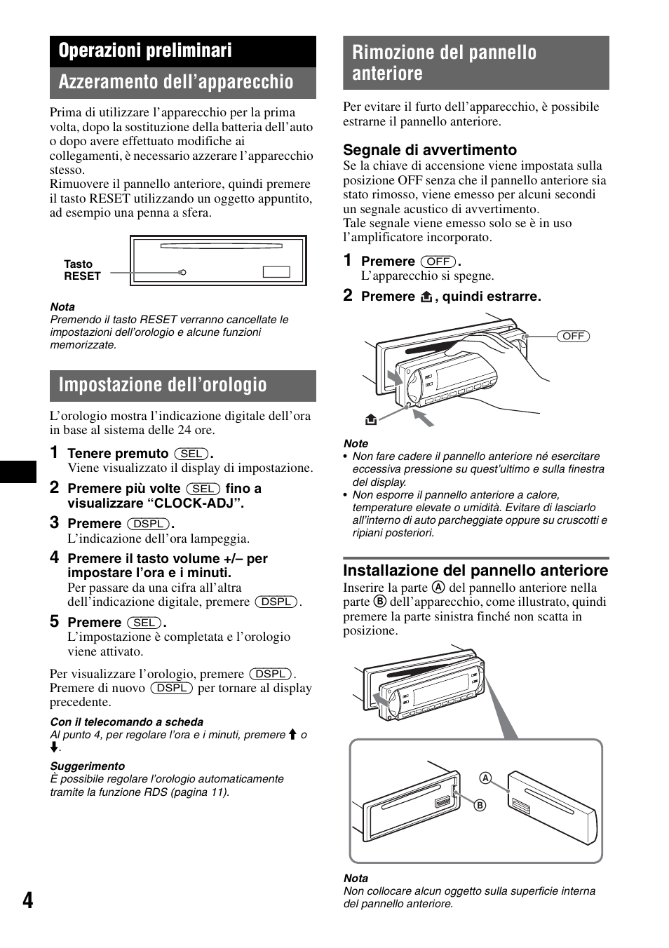 Operazioni preliminari, Azzeramento dell’apparecchio, Impostazione dell’orologio | Rimozione del pannello anteriore, Installazione del pannello anteriore | Sony CDX-R450 User Manual | Page 62 / 100