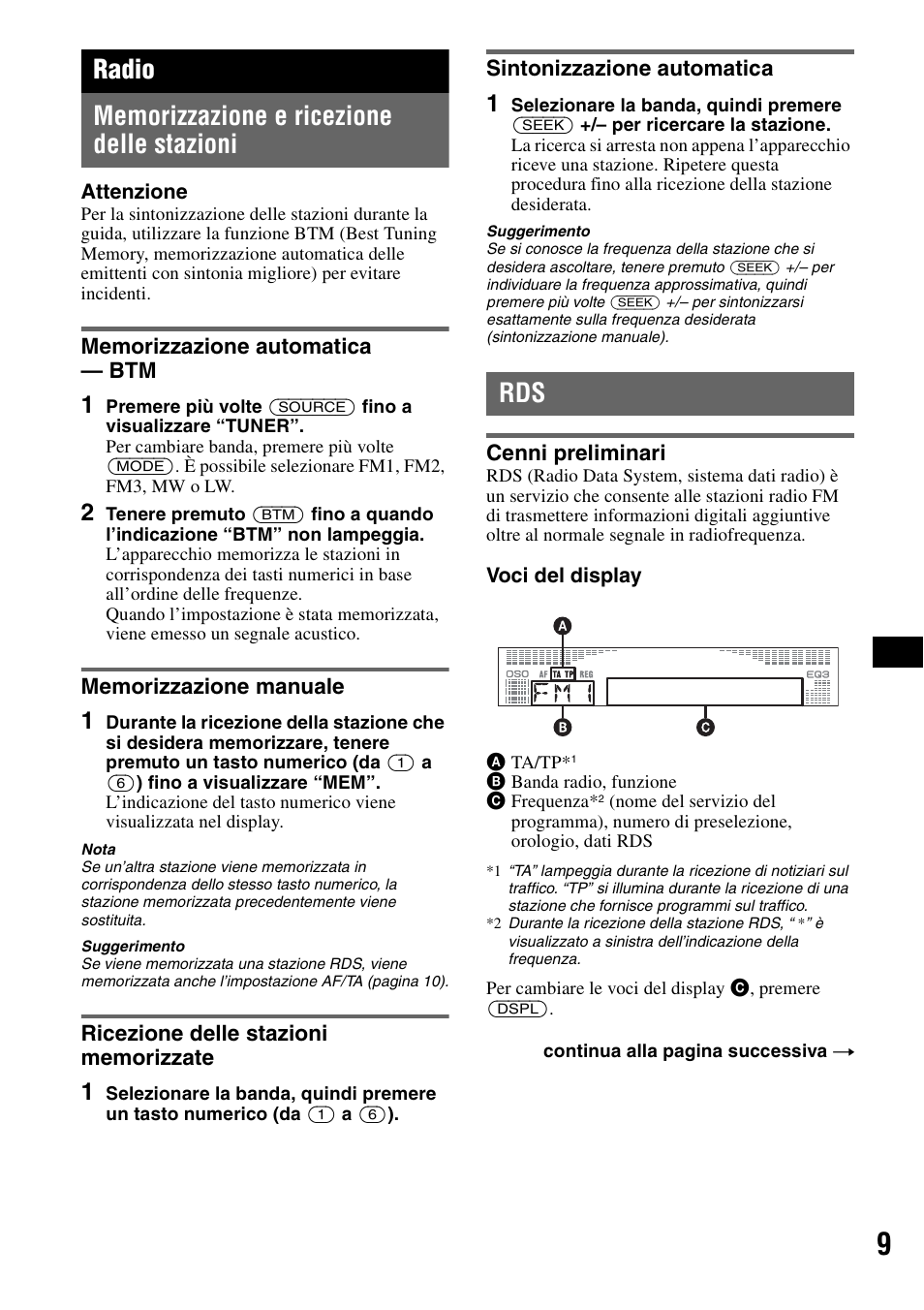 Radio, Memorizzazione e ricezione delle stazioni, Memorizzazione automatica - btm | Memorizzazione manuale, Ricezione delle stazioni memorizzate, Sintonizzazione automatica, Cenni preliminari | Sony CDX-R450 User Manual | Page 67 / 100