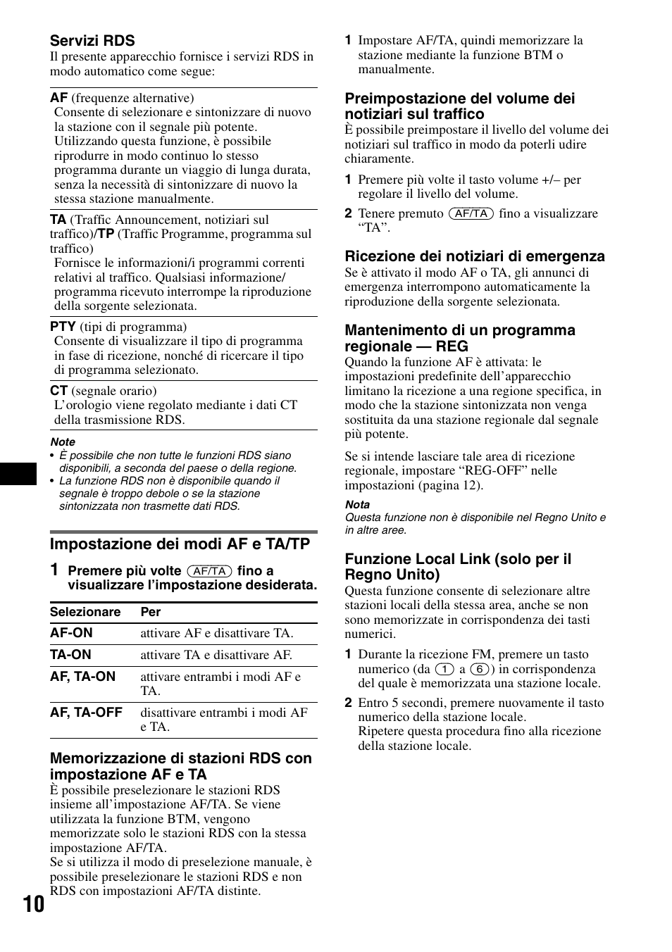 Impostazione dei modi af e ta/tp | Sony CDX-R450 User Manual | Page 68 / 100