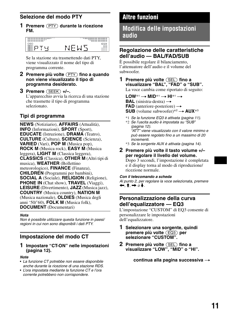 Selezione del modo pty, Impostazione del modo ct, Altre funzioni | Modifica delle impostazioni audio, Selezione del modo pty impostazione del modo ct, Regolazione delle caratteristiche dell’audio, Altre funzioni modifica delle impostazioni audio | Sony CDX-R450 User Manual | Page 69 / 100