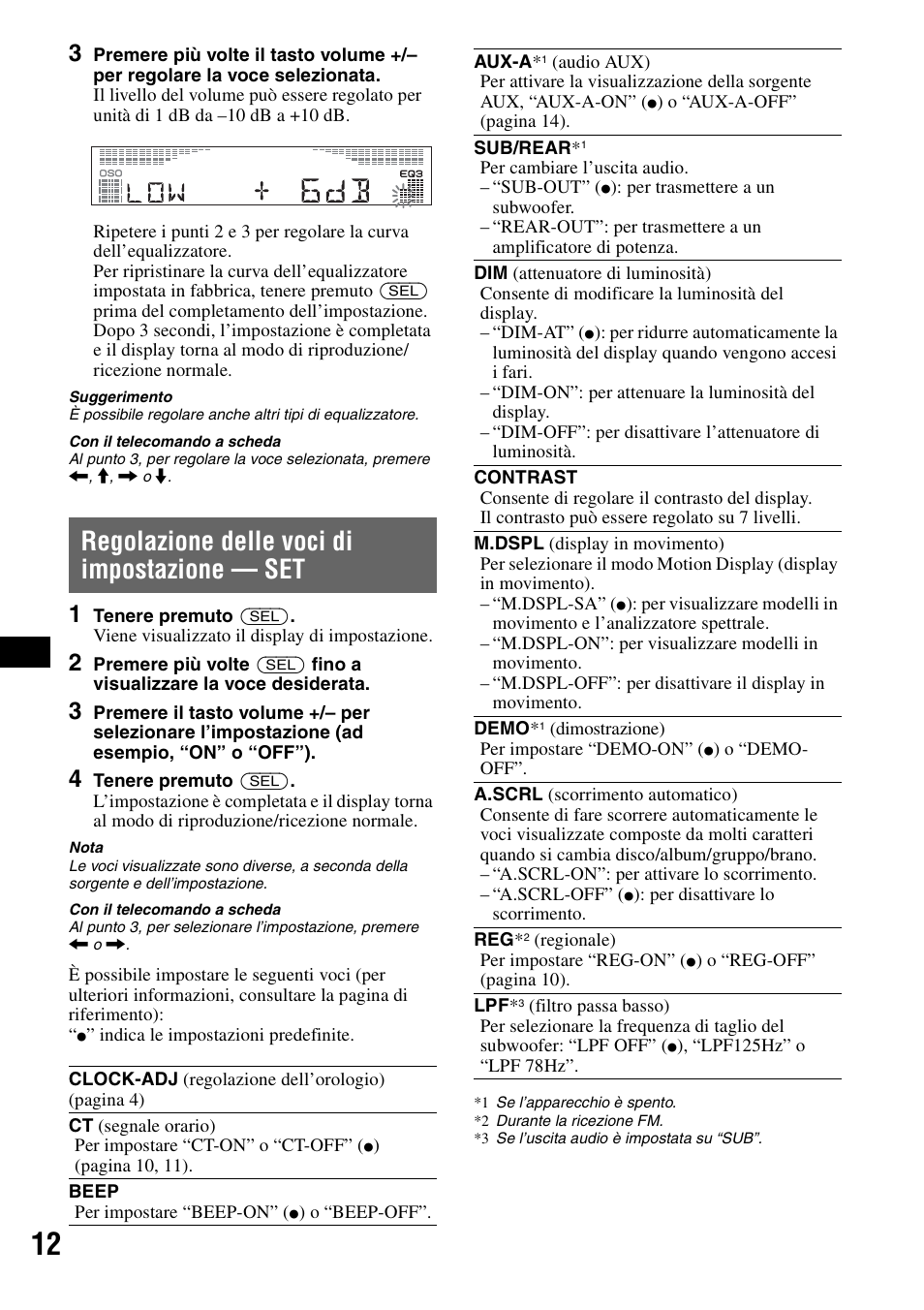 Regolazione delle voci di impostazione - set, Regolazione delle voci di impostazione, Regolazione delle voci di impostazione — set | Sony CDX-R450 User Manual | Page 70 / 100