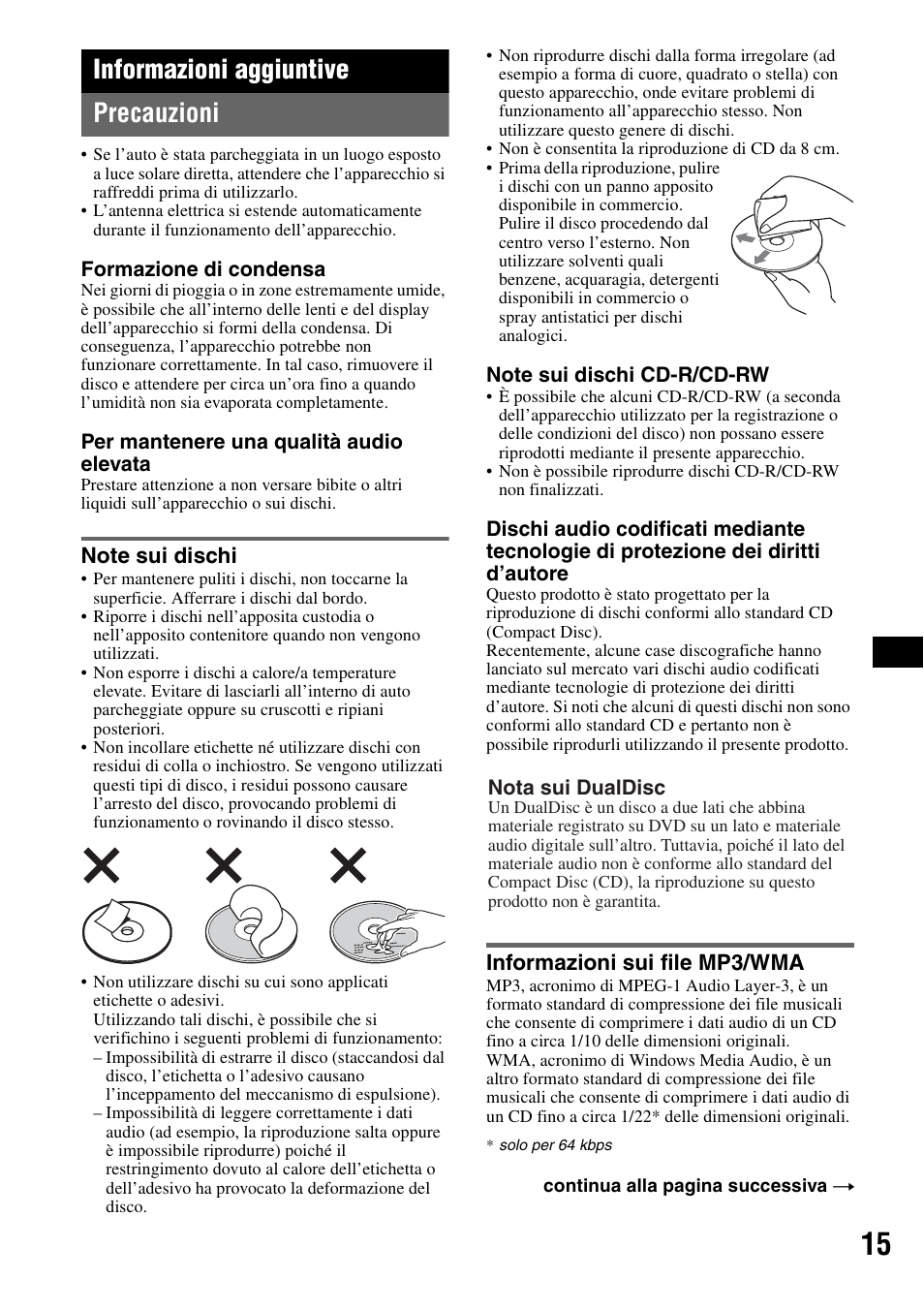 Informazioni aggiuntive, Precauzioni, Note sui dischi | Informazioni sui file mp3/wma, Note sui dischi informazioni sui file mp3/wma, Informazioni aggiuntive precauzioni | Sony CDX-R450 User Manual | Page 73 / 100