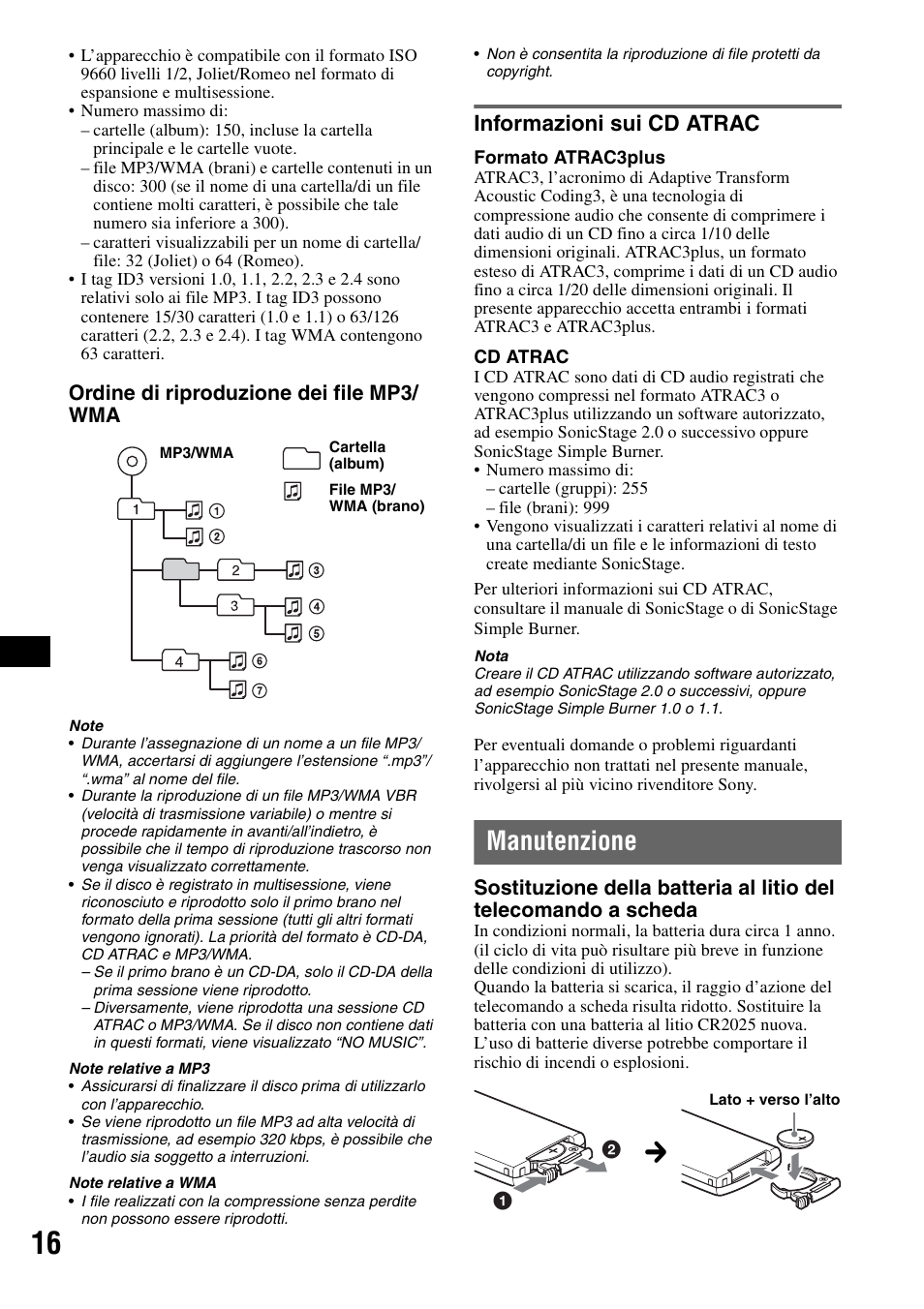Informazioni sui cd atrac, Manutenzione, Ordine di riproduzione dei file mp3/ wma | Sony CDX-R450 User Manual | Page 74 / 100