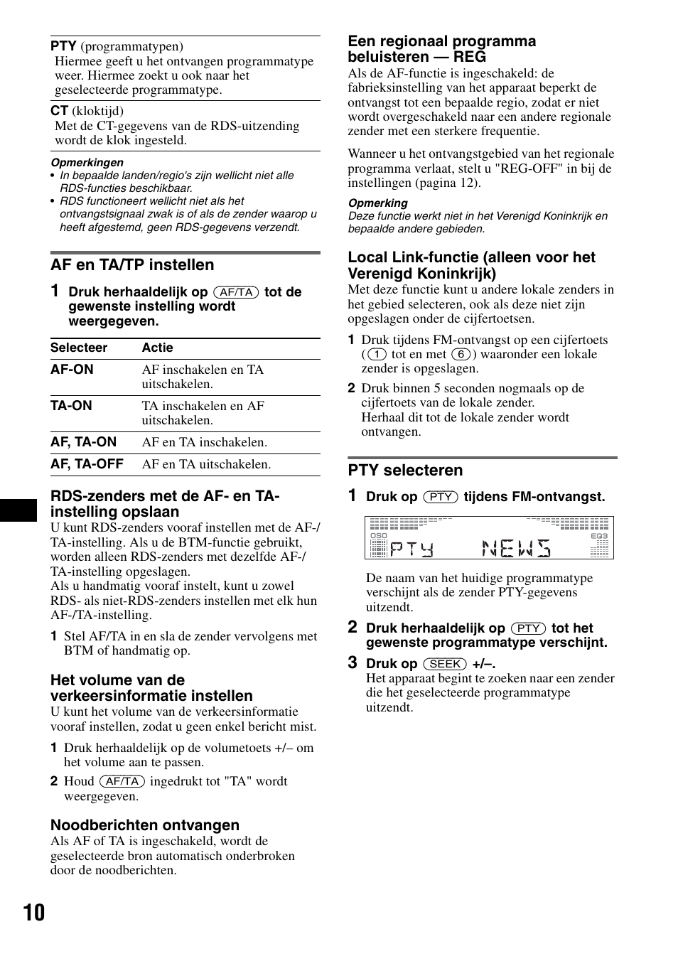 Af en ta/tp instellen, Pty selecteren, Af en ta/tp instellen pty selecteren | S 10 | Sony CDX-R450 User Manual | Page 88 / 100