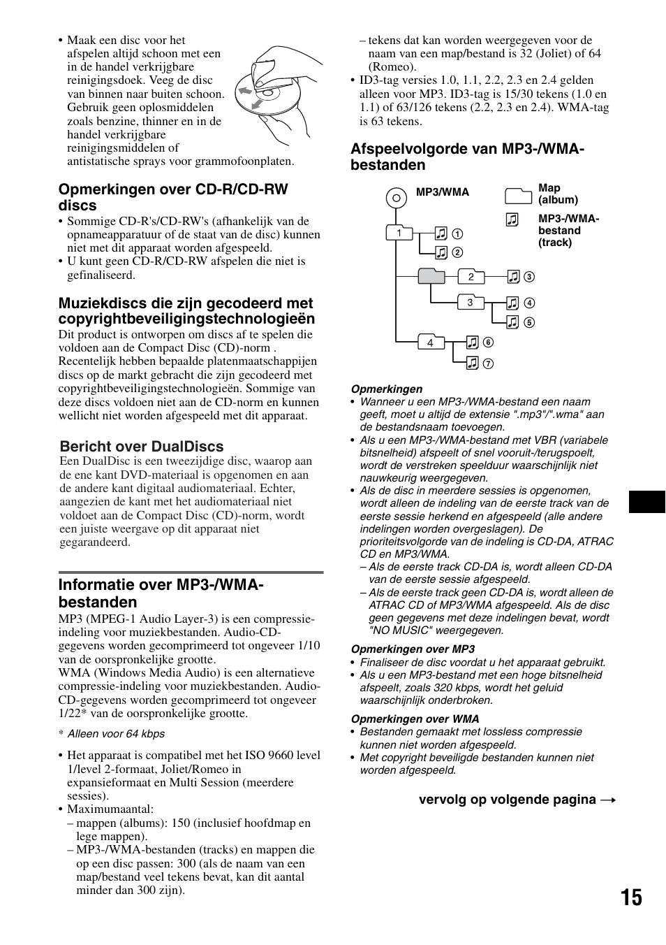 Informatie over mp3-/wma- bestanden, Informatie over mp3-/wma, Bestanden | Opmerkingen over cd-r/cd-rw discs, Afspeelvolgorde van mp3-/wma- bestanden, Bericht over dualdiscs | Sony CDX-R450 User Manual | Page 93 / 100