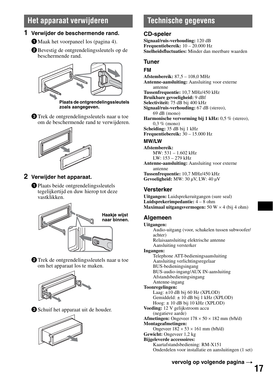 Het apparaat verwijderen, Technische gegevens, Het apparaat verwijderen technische gegevens | Sony CDX-R450 User Manual | Page 95 / 100