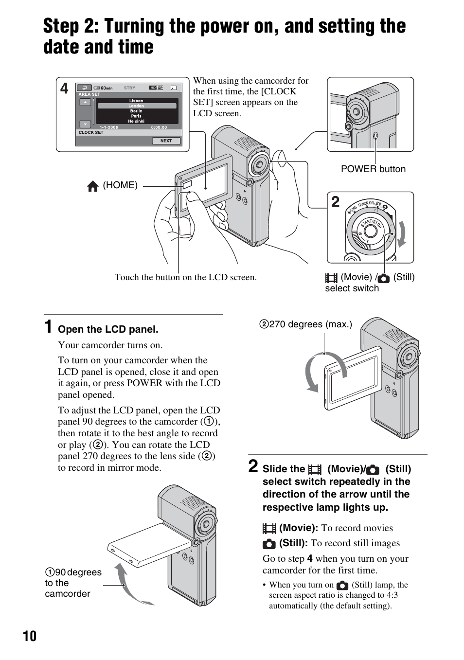 P. 10), Step 2: turning the power on, and, Setting the date and time | Sony 3-288-523-13(1) User Manual | Page 10 / 36