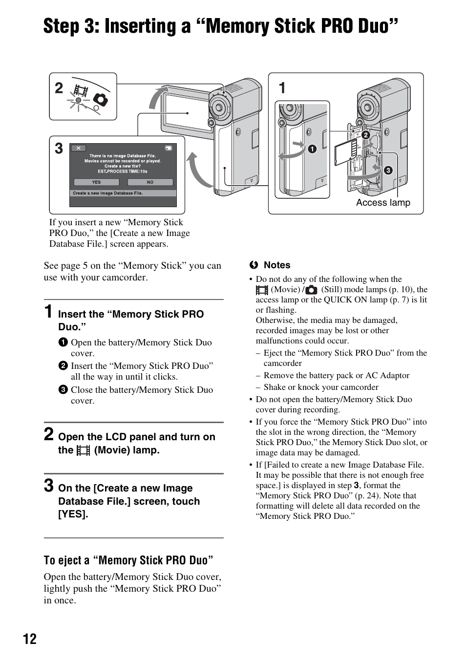 Step 3: inserting a “memory stick pro duo, P. 12), Step 3: inserting a “memory stick | Pro duo | Sony 3-288-523-13(1) User Manual | Page 12 / 36