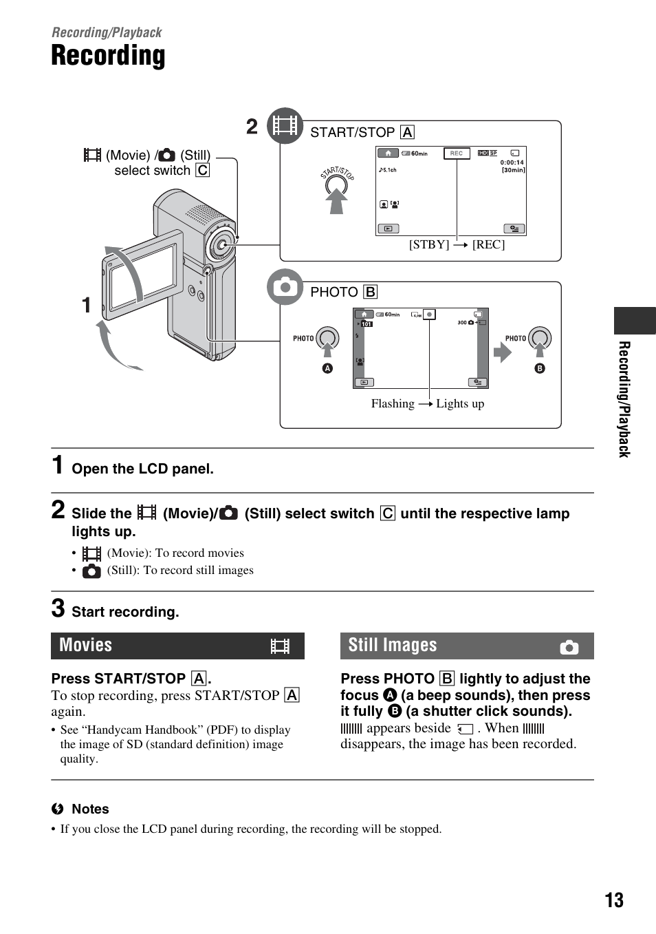 Recording/playback, Recording, Movies still images | Sony 3-288-523-13(1) User Manual | Page 13 / 36