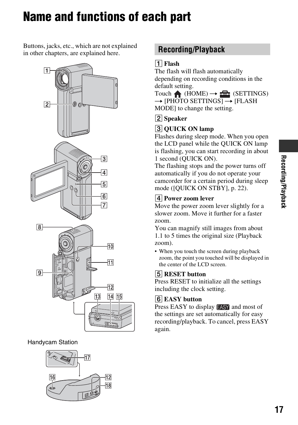 Name and functions of each part, Recording/playback | Sony 3-288-523-13(1) User Manual | Page 17 / 36