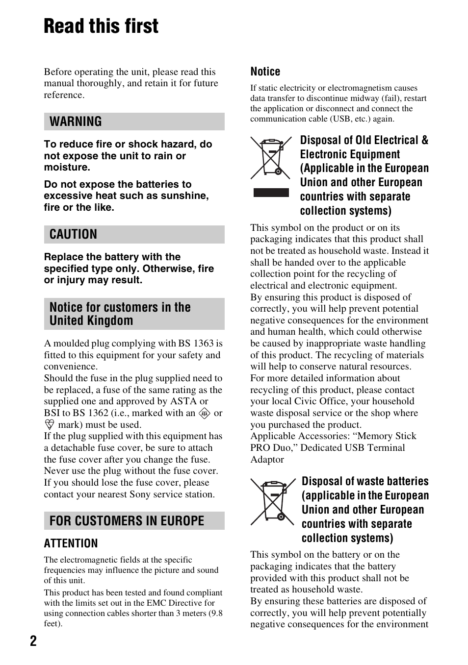 Read this first | Sony 3-288-523-13(1) User Manual | Page 2 / 36