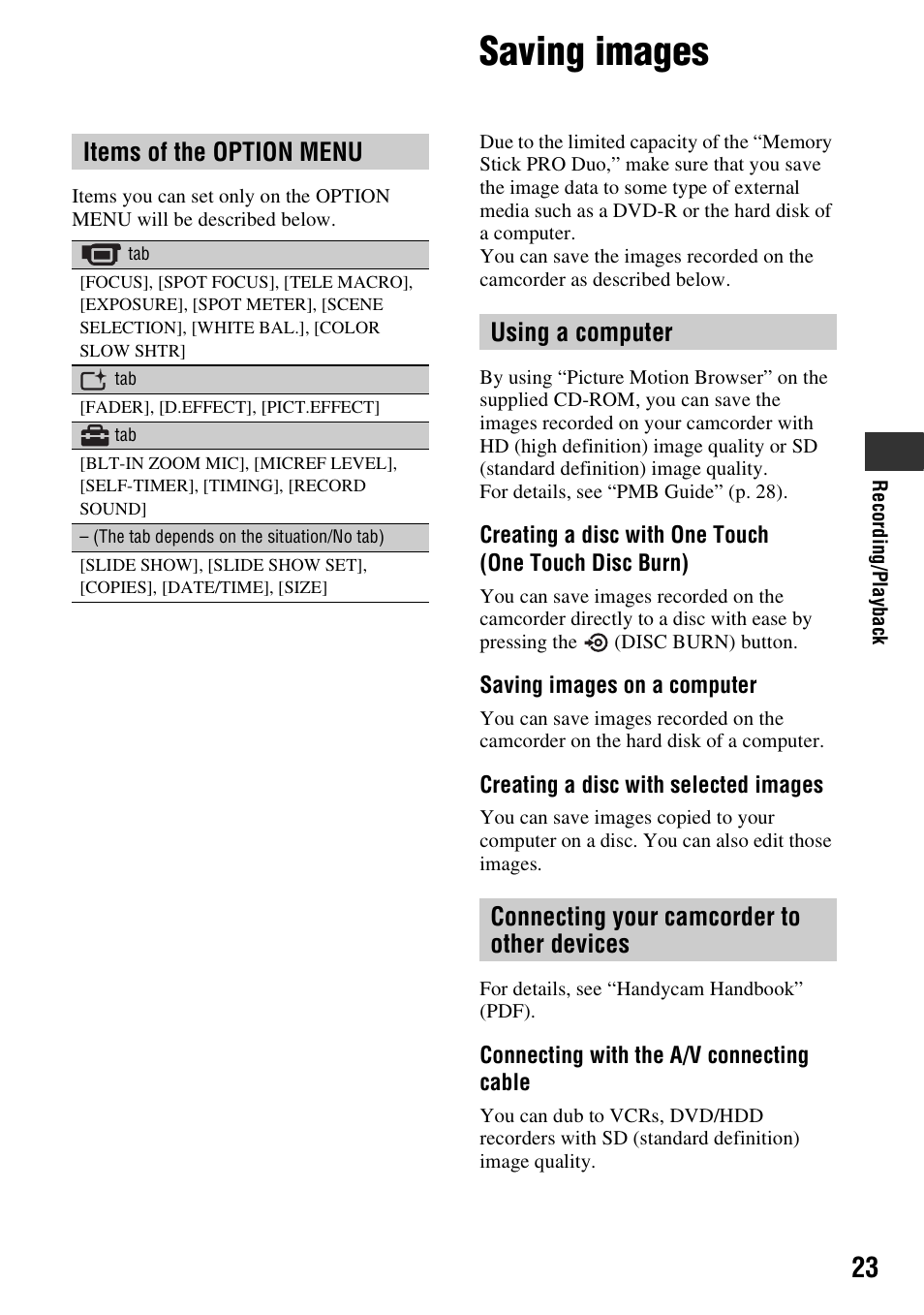 Saving images, P. 23), Items of the option menu | Sony 3-288-523-13(1) User Manual | Page 23 / 36