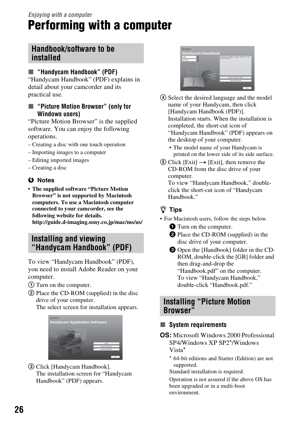 Enjoying with a computer, Performing with a computer, Installing and viewing “handycam handbook” (pdf) | Installing “picture motion browser, Installing and viewing “handycam, Handbook” (pdf) | Sony 3-288-523-13(1) User Manual | Page 26 / 36