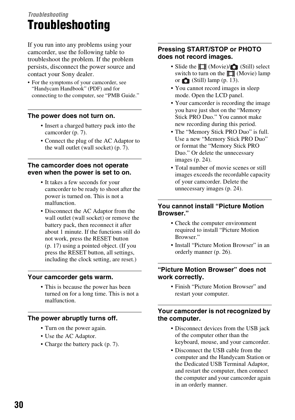 Troubleshooting | Sony 3-288-523-13(1) User Manual | Page 30 / 36