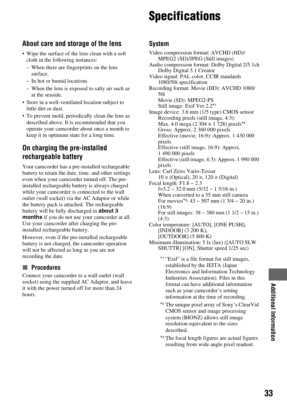 Specifications, About care and storage of the lens, On charging the pre-installed rechargeable battery | System | Sony 3-288-523-13(1) User Manual | Page 33 / 36