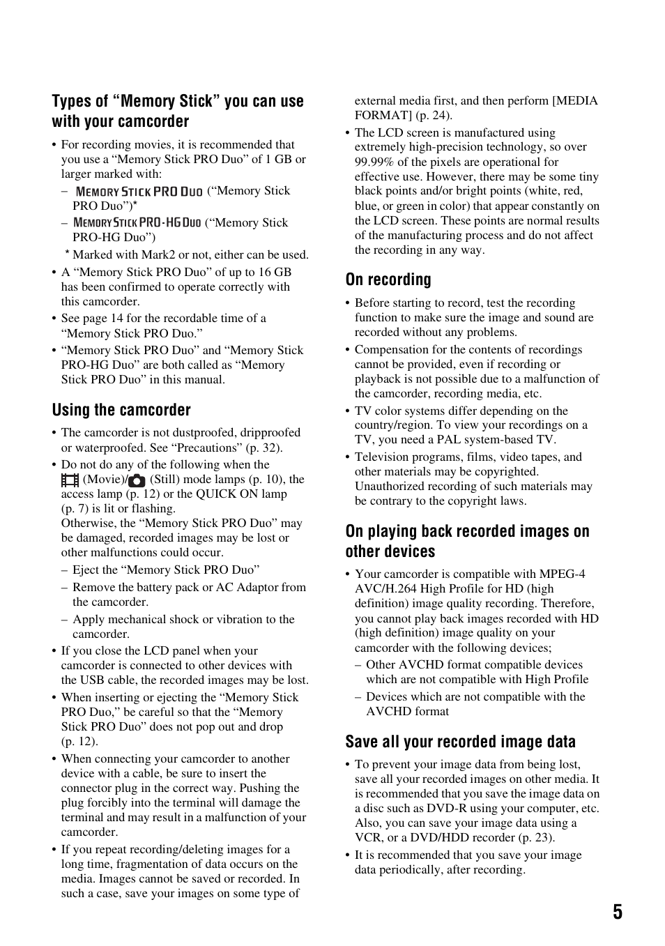 Using the camcorder, On recording, On playing back recorded images on other devices | Save all your recorded image data | Sony 3-288-523-13(1) User Manual | Page 5 / 36