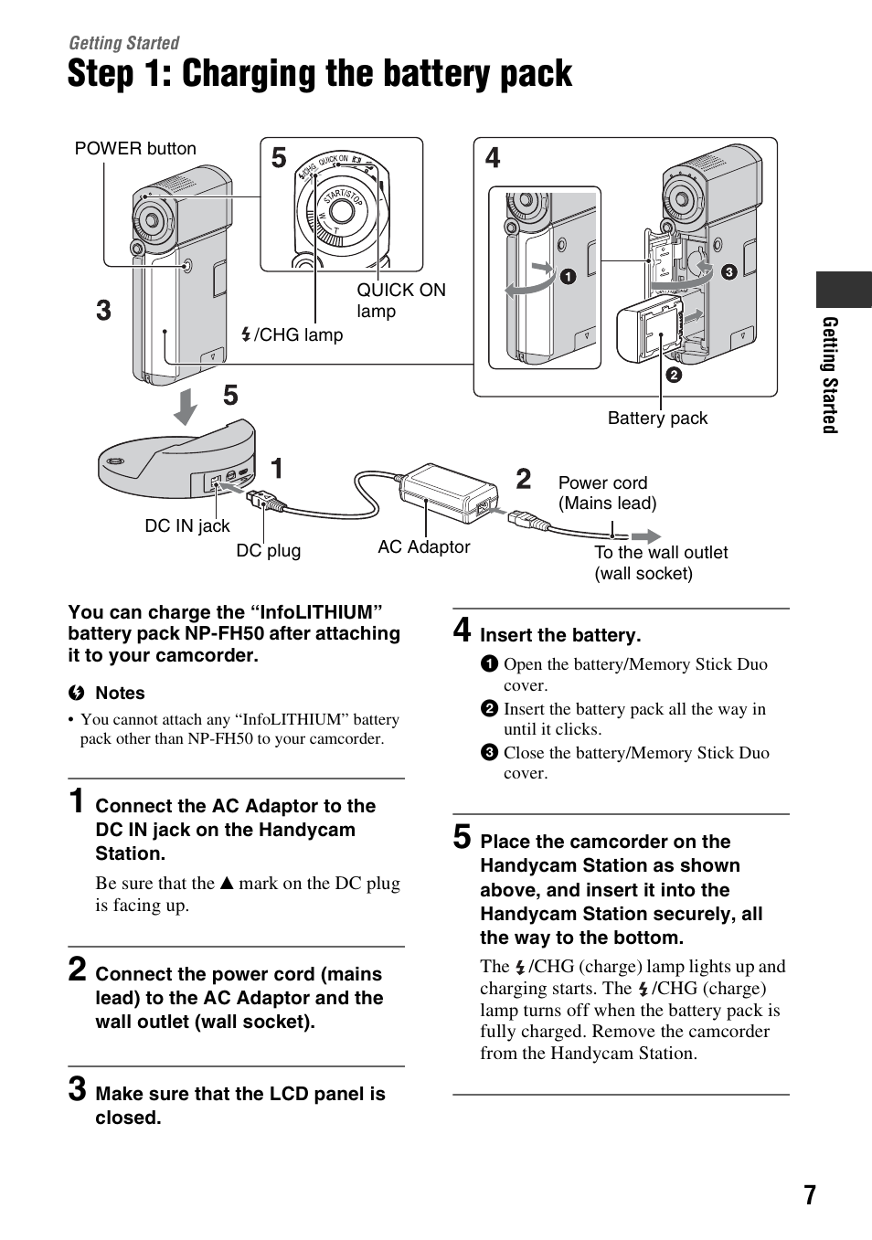 Getting started, Step 1: charging the battery pack, P. 7) | Sony 3-288-523-13(1) User Manual | Page 7 / 36