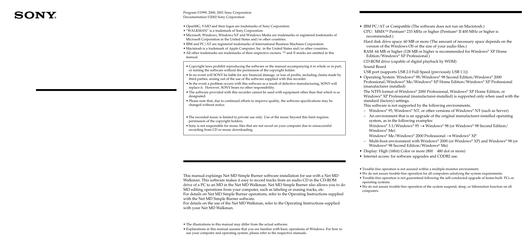 Sony Net MD Walkman User Manual | 2 pages