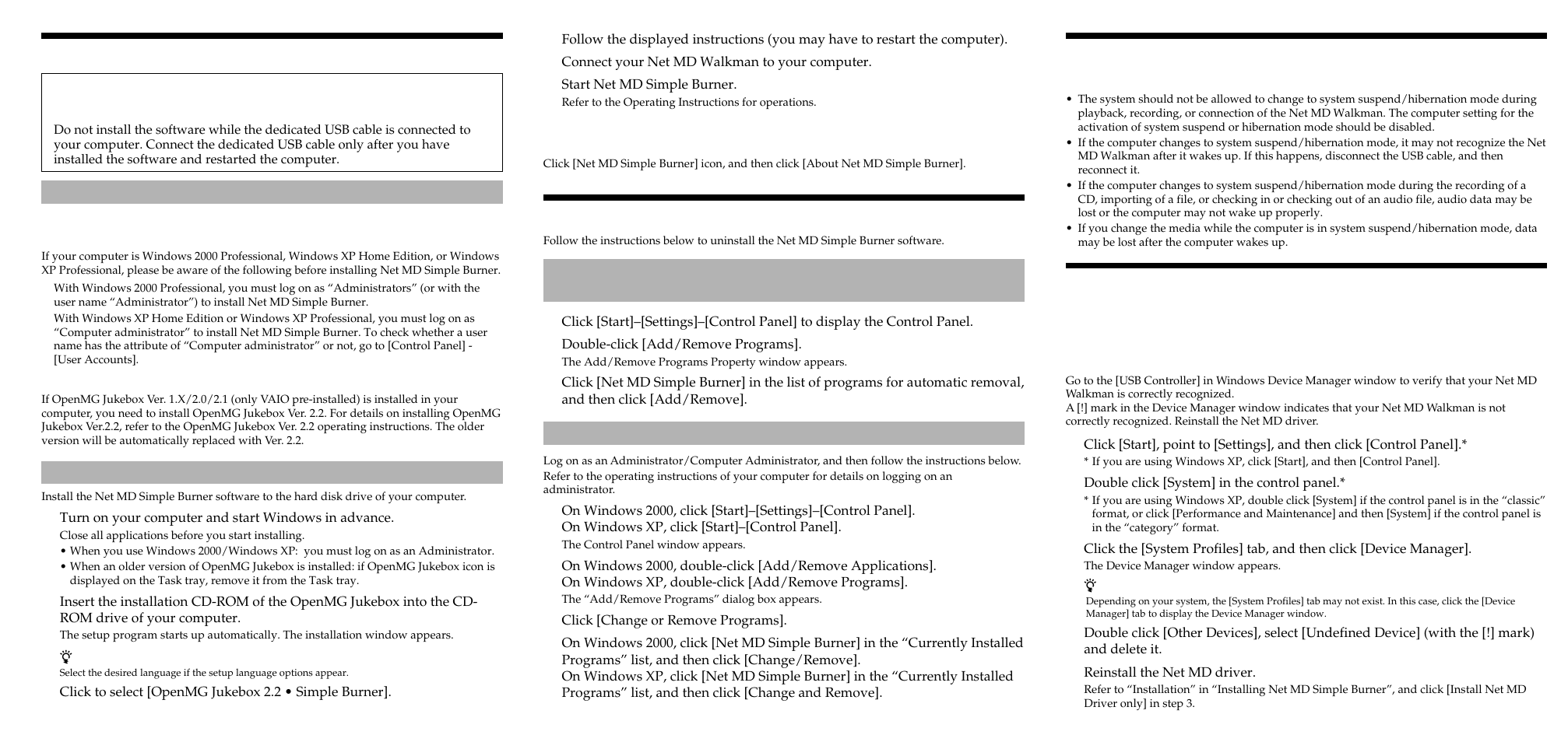 Installing net md simple burner, Uninstalling net md simple burner | Sony Net MD Walkman User Manual | Page 2 / 2