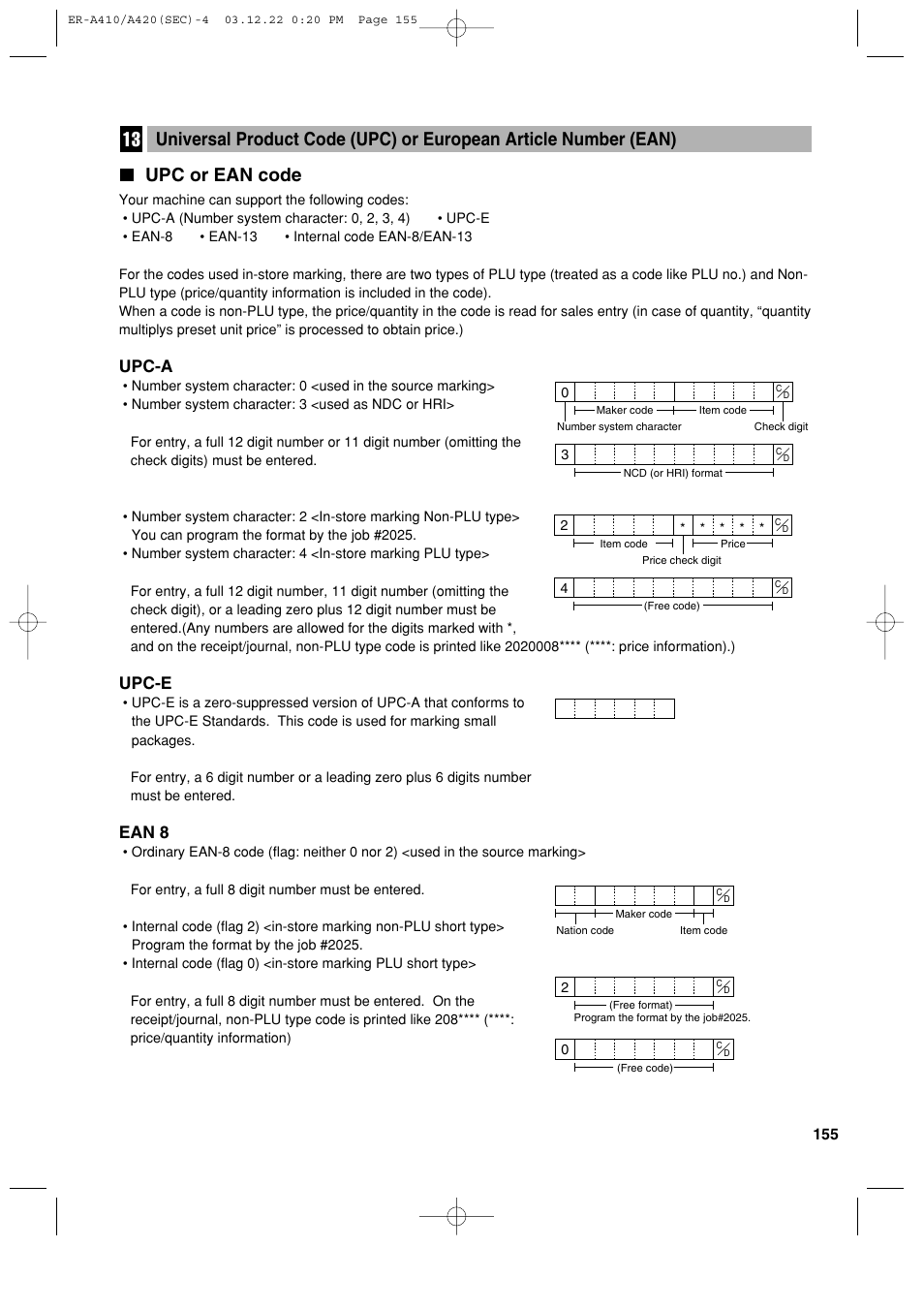 Upc or ean code, Upc-a, Upc-e | Ean 8 | Sony ER-A420 User Manual | Page 157 / 190