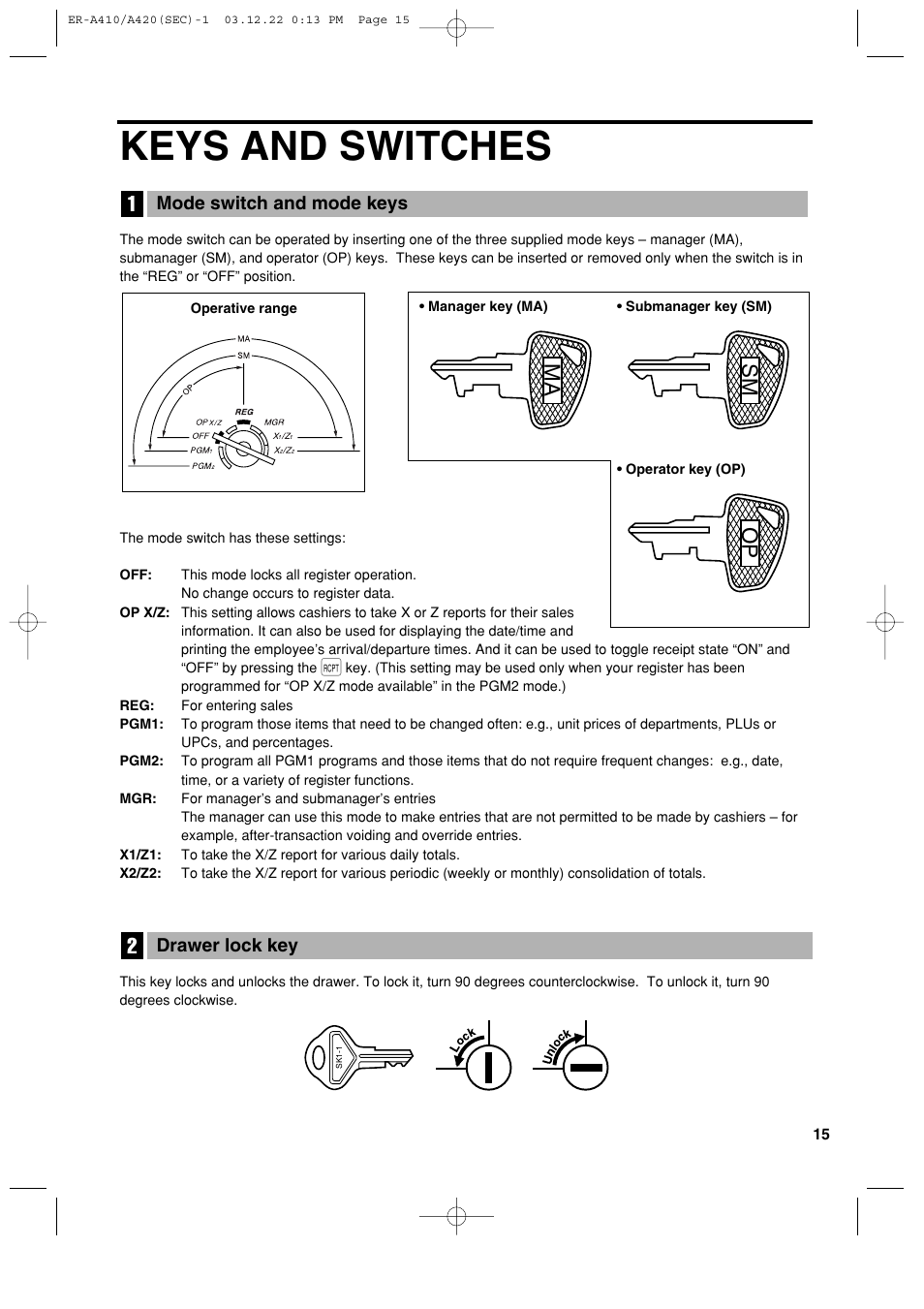 Keys and switches, 1ma sm op | Sony ER-A420 User Manual | Page 17 / 190